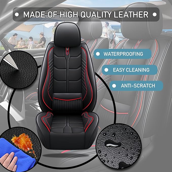 Leather Car Seat Covers Fit for Toyota Avalon 1996-2024, 5 Seater Car Seat Cover, Premium Waterproof, Scratch Resistant Car Interior Accessories (Full Set Black Red)