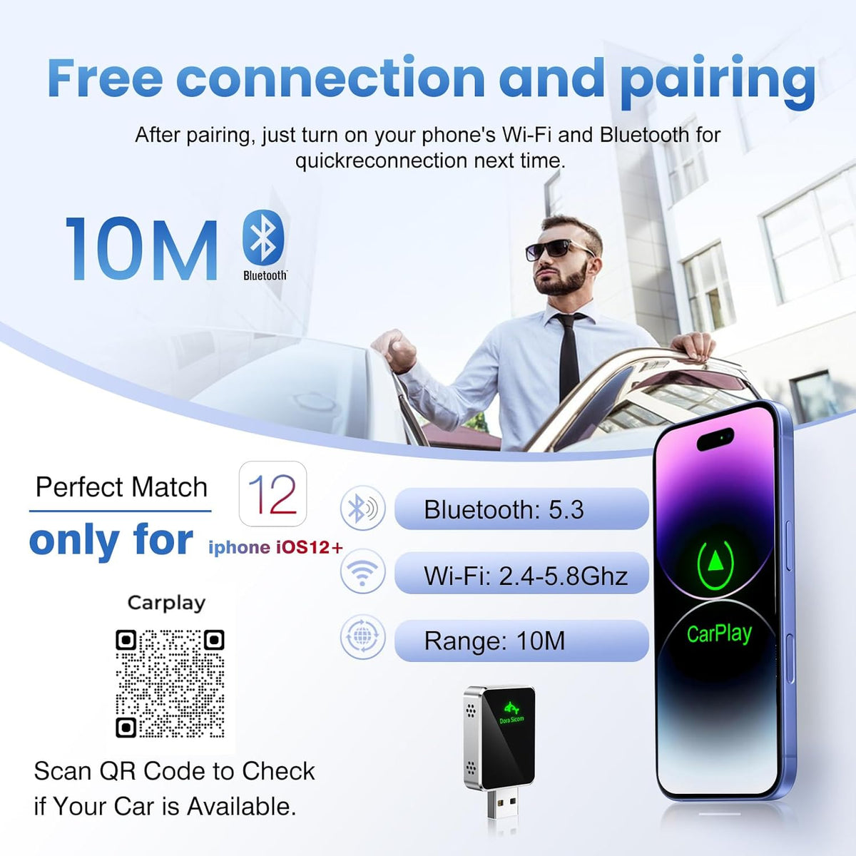 Wireless CarPlay Adapter for iPhone, Convert Wired to Wireless Apple car play Adapter, Mini Size with Extension Cable USB & USB-C/Type-C, Stable Control & No Delay，For cars in 2016 or later
