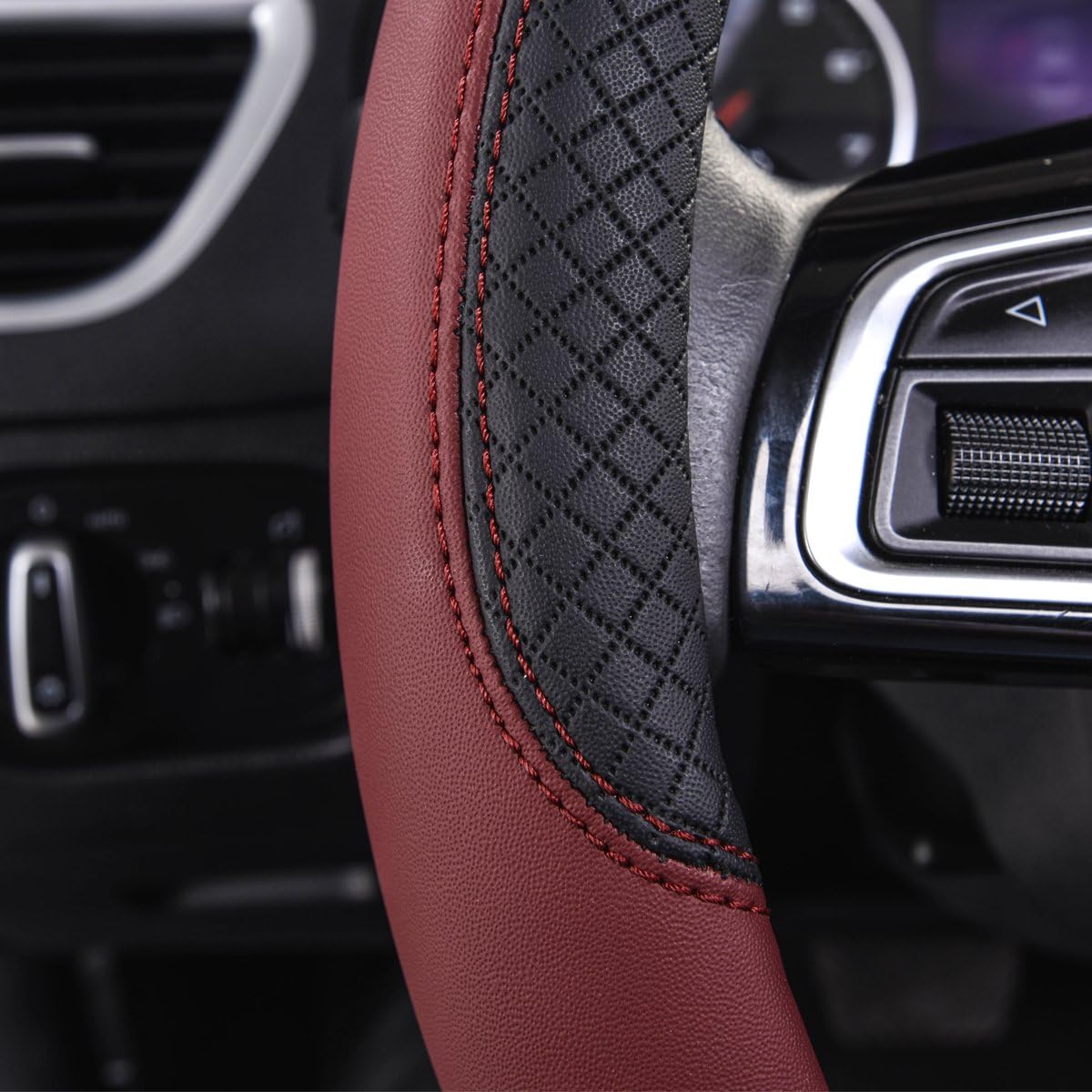 CAR PASS Rhombus Leather Universal Steering Wheel Cover, Fit for Suvs,Trucks,Cars,Sedans,Vans (Black&Burgundy)