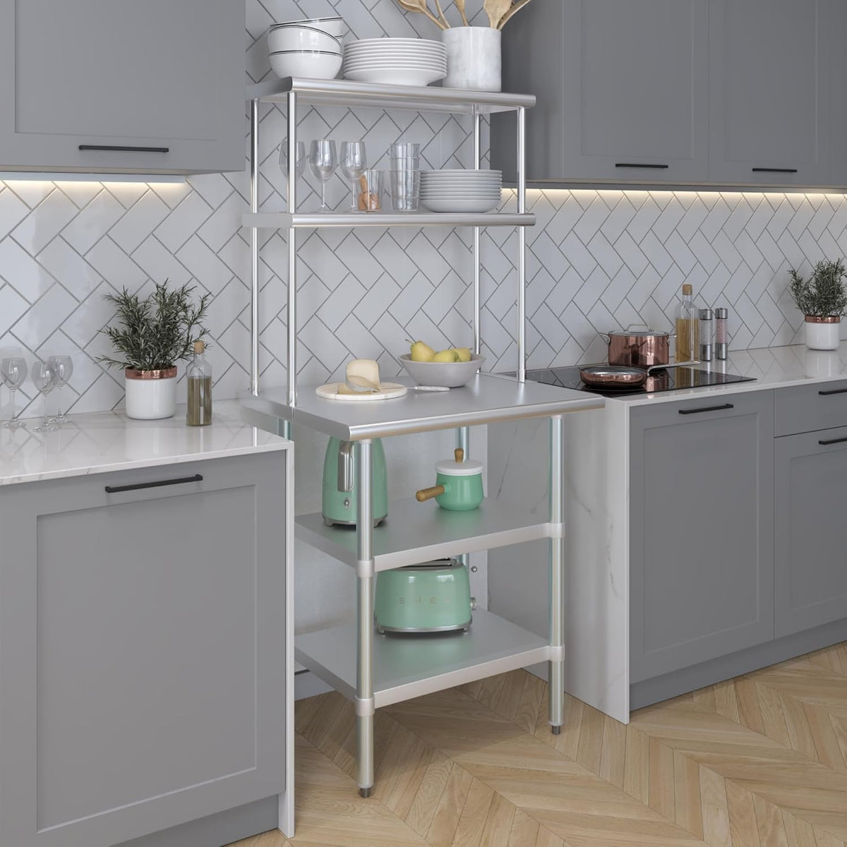 Amgood Stainless Steel Work Table with 2 Shelves | Metal Kitchen Prep Table & Shelving Combo (24" x 30" Table with 2 Shelves + 12" Overshelf)