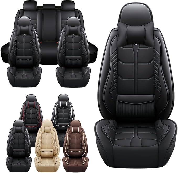 Leather Car Seat Covers Fit for Toyota RAV4 Prime 2021-2024, 5 Seater Car Seat Cover, Premium Waterproof, Scratch Resistant Car Interior Accessories (Full Set with Pillow Black)