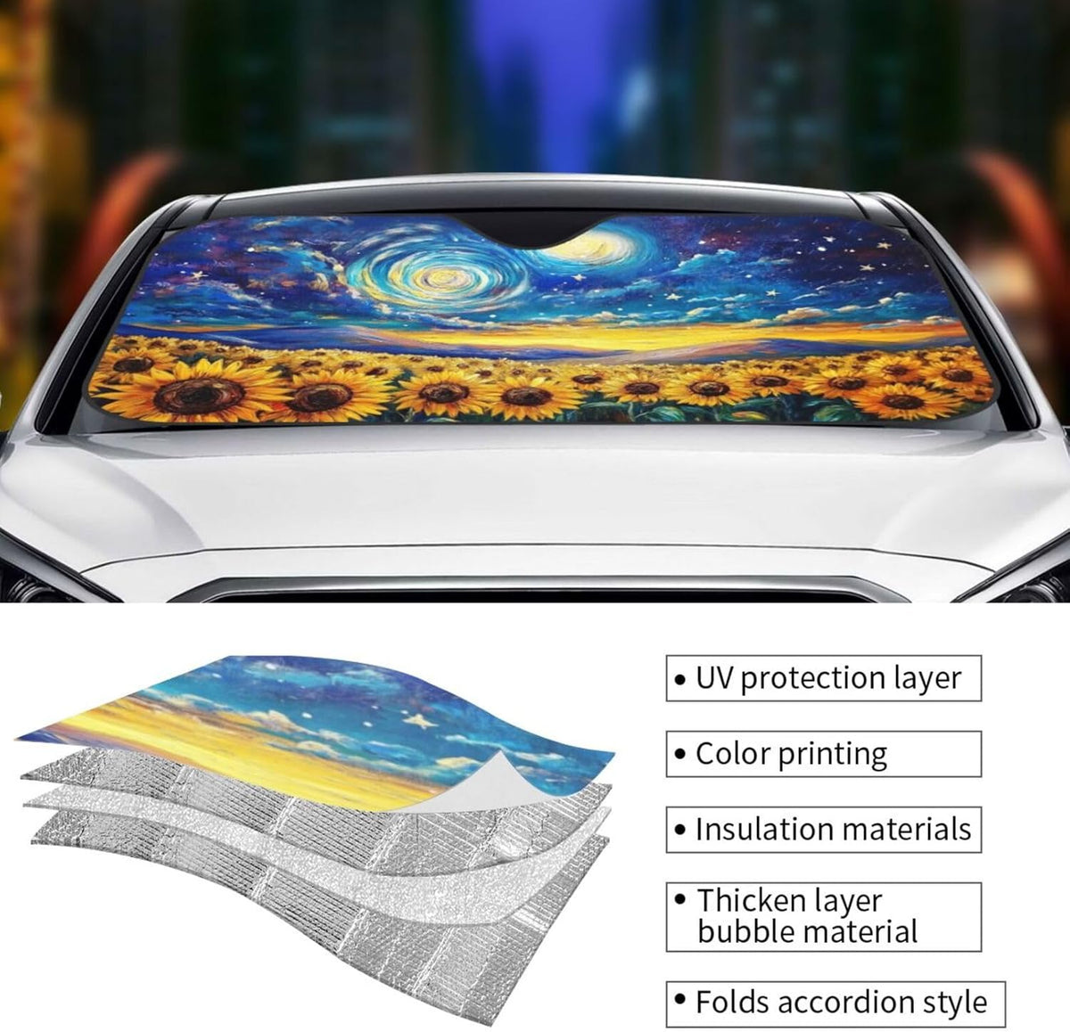 Vintage Sunflower Car Sun Shade Windshield Sunshade Foldable Front Window Shield Cover for Truck SUV