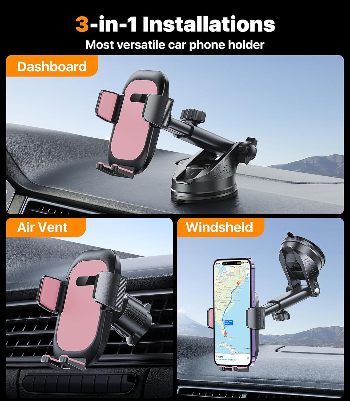 Ultra Stable Phone Holders for Your Car [Powerful & 360 Adjustable Suction Cup] Universal Car Phone Holder Mount Long Arm Flexible Car Mount for Dashboard Windshield Air Vent All Phone Case - Pink