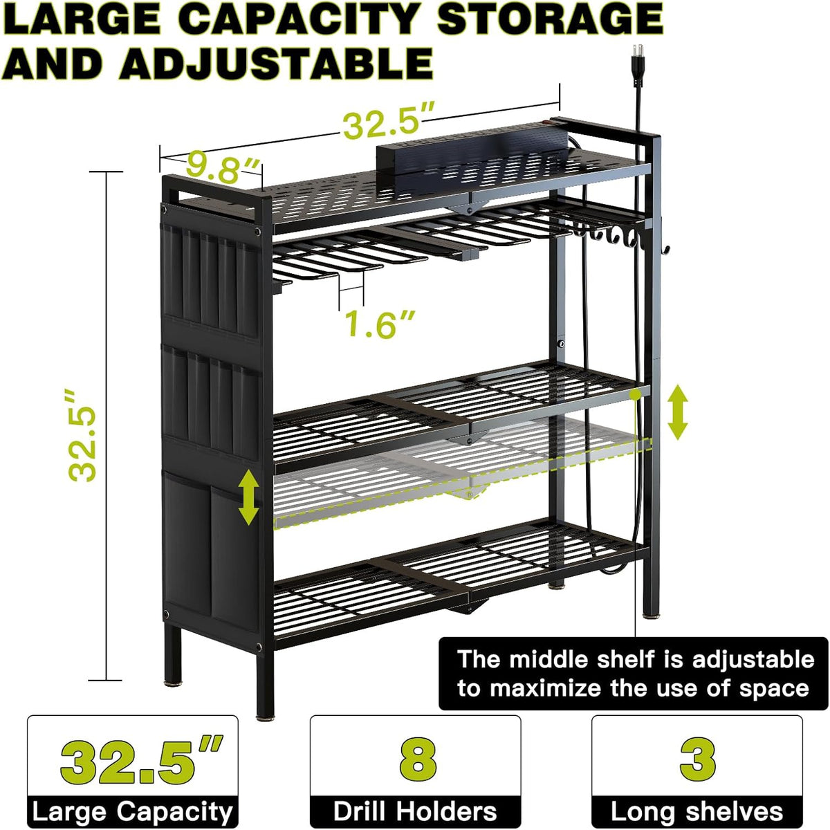 Large Power Tool Organizer Cart with Charging Station 8 Drill Holder Garage Storage Standing Heavy Duty and Stability Storage Rack Utility Tool Shelf (Black)