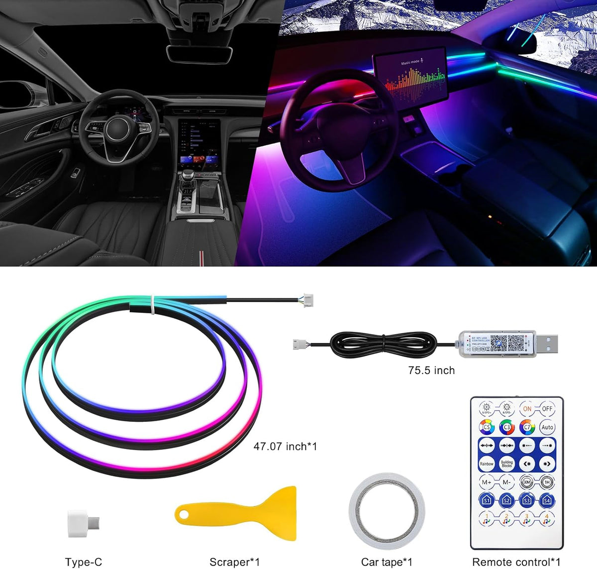 Dreamcolor Acrylic Interior Car LED Strip Light with USB/Type C, 47.24 inches Fiber Optic Ambient Lighting Kits, 16 Million Colors Sound Active Function