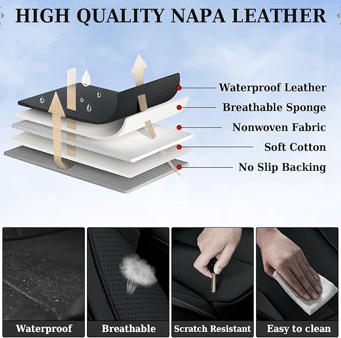 Coverado Universal Seat Covers Full Set, 5 Seats Universal Seat Covers for Cars, Waterproof Nappa Leather Car Seat Covers with Head Pillow, Auto Protectors Fit for Most Pick-up Truck, Black&Redline