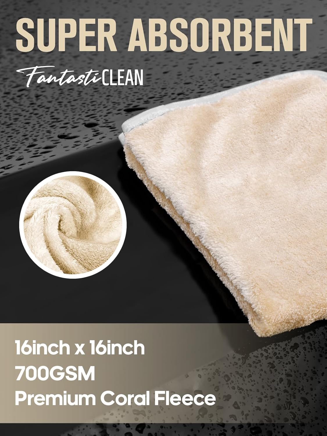 Fantasticlean Microfiber Car Detailing Towels, Car Drying Towel with Edge, Plush, Coral Fleece, 700GSM, 16" x 16", 12 Pack, Scratch-Free, Ultra Absorbent, Car RV Boat Home Cleaning (Grey and Camel)