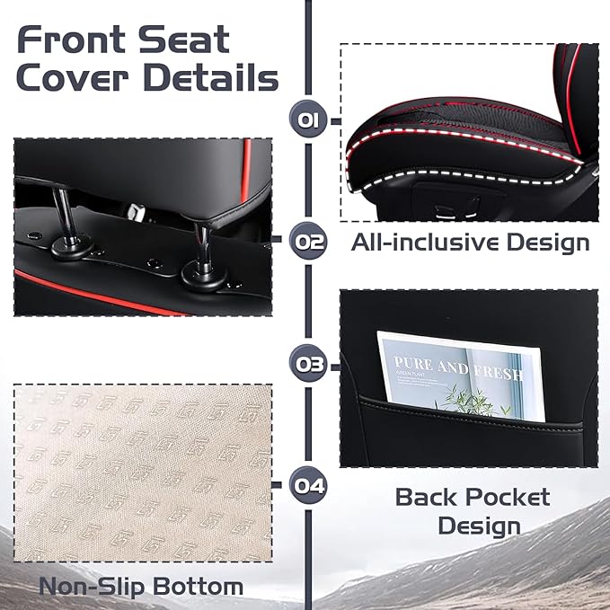 Truck Seat Covers for Ford Ranger 2019-2026, Waterproof Premium Leather Full Coverage Car Seat Cover, Muscle Sport Style Auto Interior Seat Cover Sets (Front Set/Black Red)