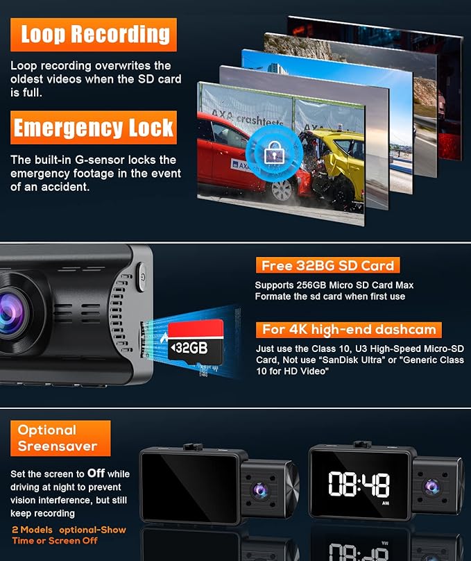 Moplasz Dash Cam Front Rear, 4K Full HD Dash Camera for Cars, Included 32GB Card, 3 Channel Dashcam Built-in Wi-Fi GPS, Night Vision, WDR, 24H Parking Mode (2160p Dash)