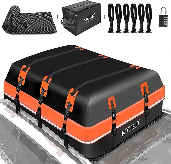 Rooftop Cargo Carrier, 21 Cubic Feet Soft-Shell Waterproof Car Roof Luggage Bag for All Vehicles SUV with/Without Rails, Includes 10 Reinforced Straps + 6 Door Hooks,Storage Bag,Anti-Slip Mat