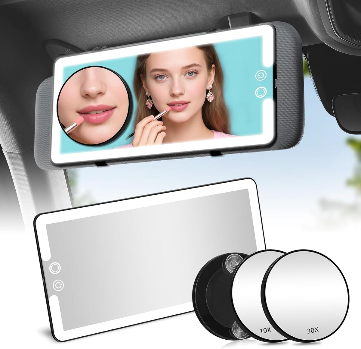 Car Sun Visor Vanity Mirror,Rechargeable Led Dimmable Makeup Mirror,With 10x and 30x magnification,3 Light Modes