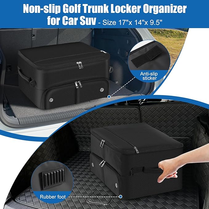Golf Trunk Organizer for Car SUV with Shoe Compartment & Divider | 2-Layer Golf Storage Bag for Balls, Tees, Accessories | Waterproof Golf Locker Gift for Men, Dad, Golfers