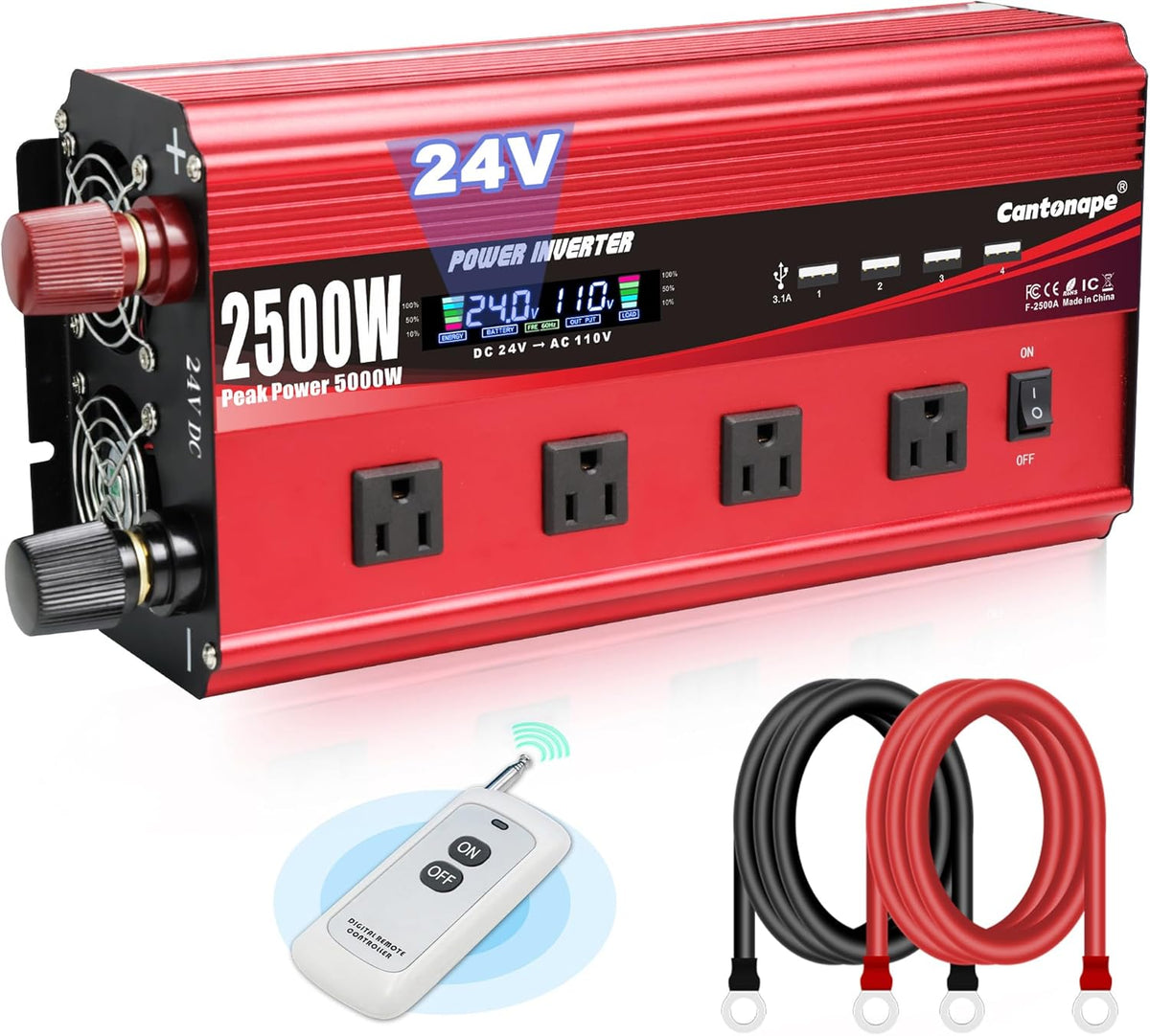2500W Power Inverter 24V to 110V/120V DC to AC with LCD Display, Remote Controller 4 x AC Outlets and 4 x 3.1A USB Car Adapter for Car Truck Boat RV Solar System