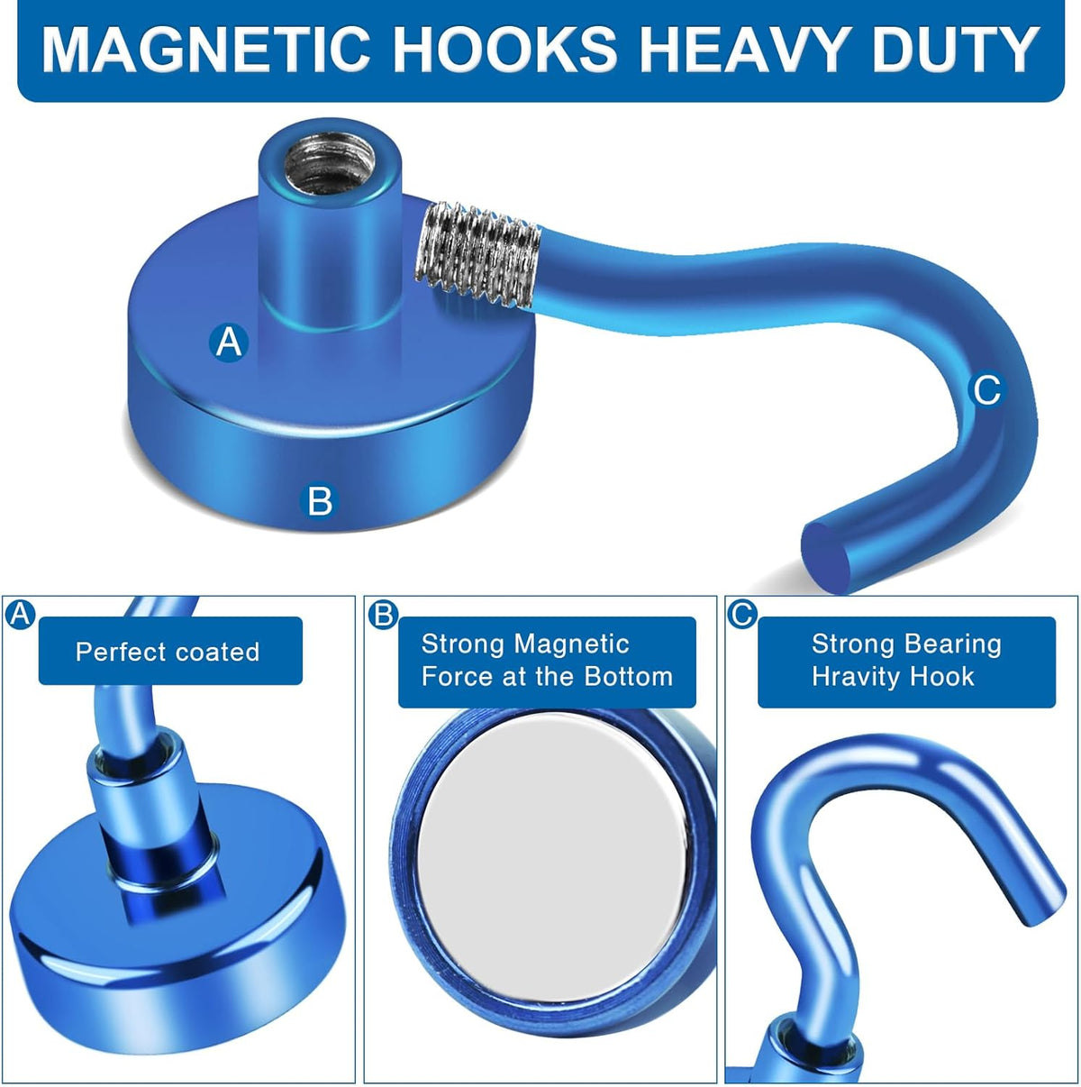 LOVIMAG Cruise Ship Essentials, 110Lbs Cruise Door Magnets, Blue Cruise Magnetic Hooks, Magnetic Hooks Heavy Duty for Hanging Celling, Grill, Refrigerator Kitchen-6 Pack