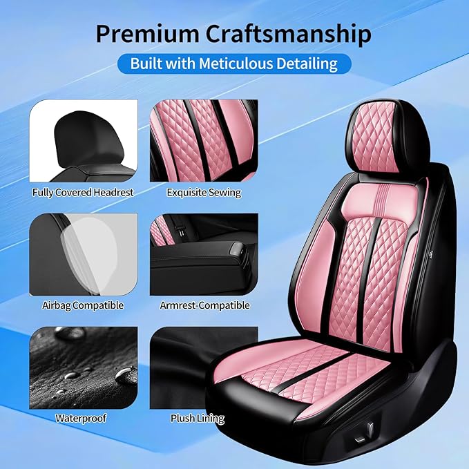Fit Malibu Car Seat Covers for Chevrolet/Chevy Malibu 2009-2025, Full Coverage Leather, Airbag Compatible, Waterproof All Weather Breathable Seat Cushion Protector, Full Set, Black+Pink