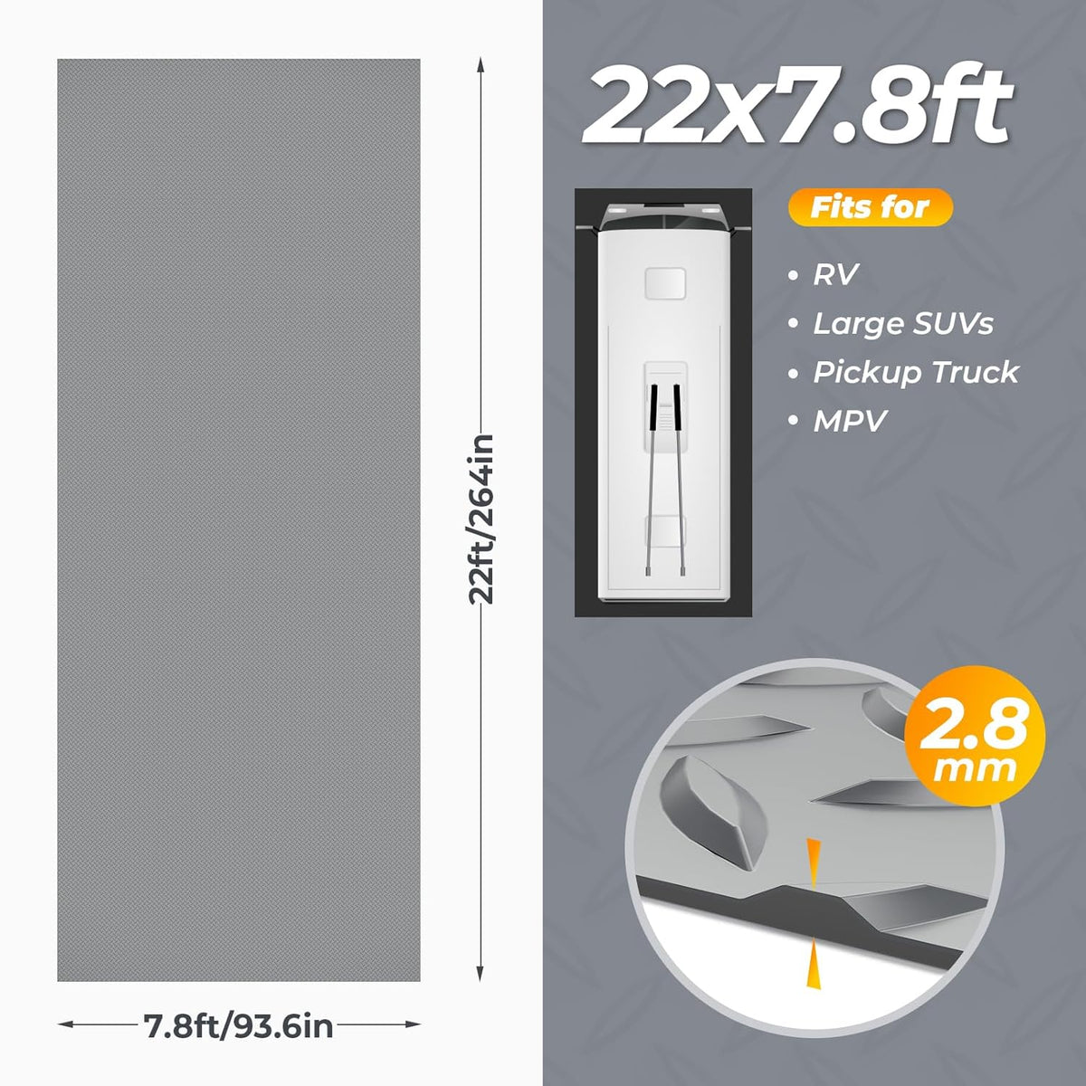 7.8 x 22 FT Garage Floor Mat, 2.8mm Thickness Diamond Plate Vinyl Garage Flooring Roll for Under Car, Large Size 172 SQFT for Large SUVs, MPV, Pickup Truck, RV