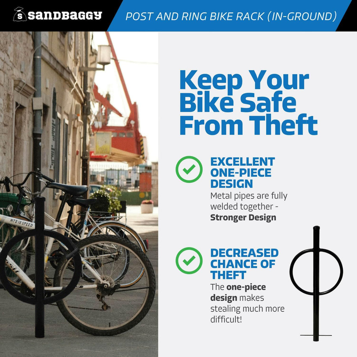 Sandbaggy Post and Ring Bike Rack - Commercial Outdoor Bike Parking Racks (In-Ground, 1)