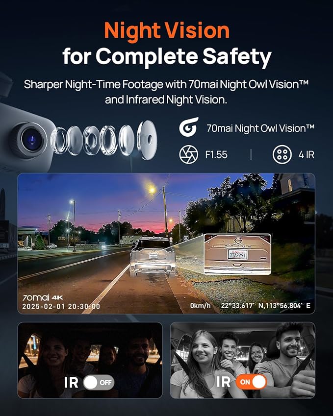 70mai 4K Dash Cam Front and Rear Inside, 3 Channel Car Dash Camera for Cars, Dashcam with GPS, Wi-Fi 6, Voice Control, Parking Monitor, Night Vision, Loop Recording, 64GB SD Card Included (T800E)