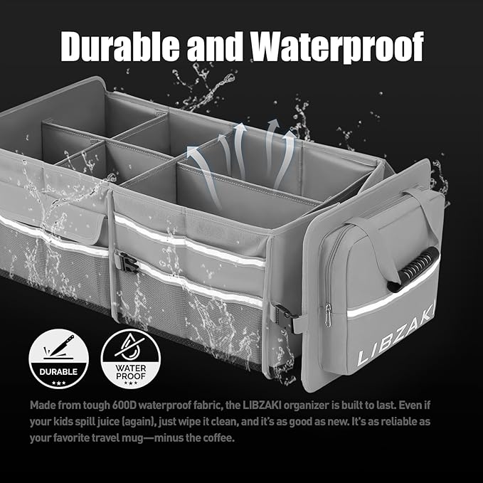 LIBZAKI Oversize 4 in 1 Car Trunk Storage Organizer, Multi Compartment Collapsible Trunk Storage Box with Cooler Bag for Car Truck SUV-Gray