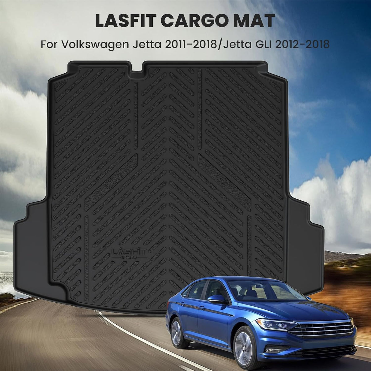 LASFIT Cargo Mat for Volkswagen Jetta 2011-2018 (Not fit Jetta SportWagen and Hybrid/TD/TDI Trims), Custom Fit All-Weather TPE Rubber Trunk Mat for VW Accessories, Waterproof, Easy to Clean, Black