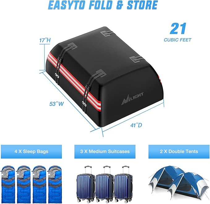 Nilight Car Roof Bag 21 Cubic Feet Waterproof Rooftop Cargo Carrier,Suitable for All Vehicle with/Without Rack - Waterproof Zip,Reflective Strip,Anti-Tear 840D PVC, with Anti-Slip Mat