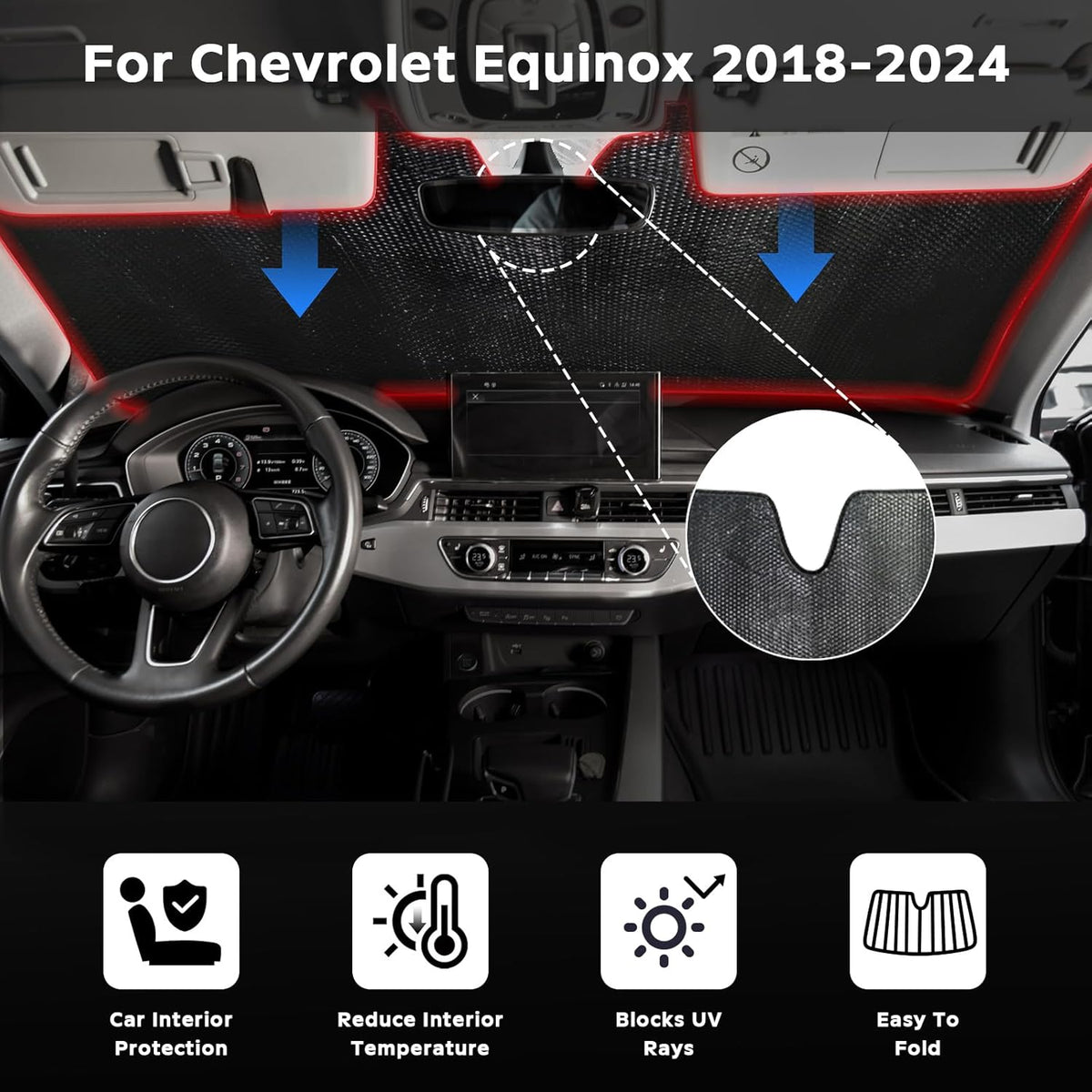 Windshield Sun Shade for Chevrolet Chevy Equinox 2018-2024 (Not for Equinox EV) - 5-Layer Bubble Foldable Front Window Shade Sun Visor Accessories - Blocks Heat & UV Rays
