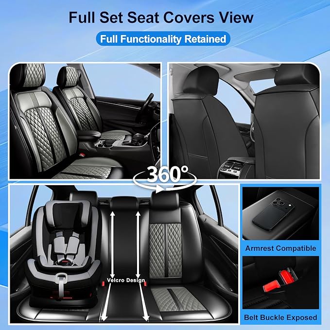 Fit Insight Car Seat Covers for Honda Insight 2010-2022 Premium Leather, Airbag Compatible, Scratch-Resistant, Waterproof All Weather Seat Protector, Airbag Compatible, Full Set, Black+Gray