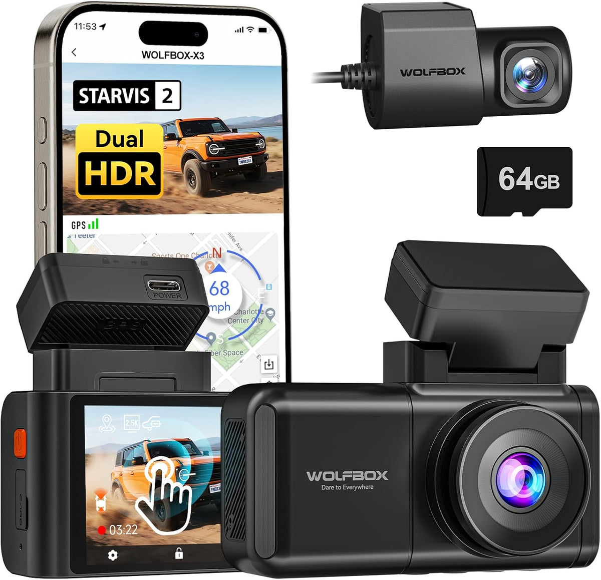 WOLFBOX X3 2.5K 60FPS Dash Cam, STARVIS 2 IMX675 with ADAS, 2.5K+1080P Dual Dash Cam Front and Rear, Built-in 5.8GHz WiFi & GPS, Included 64GB Card, Touch Screen, G-Sensor, Loop Recording
