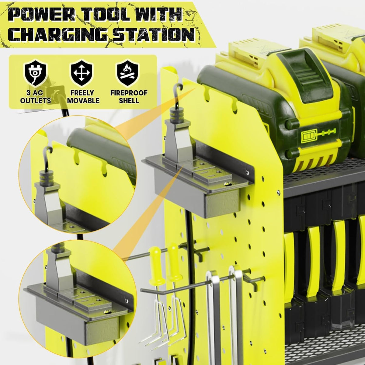 45" Large Power Tool Organizer Wall Mount with Charging Station - 3 Layer Storage Racks with 8 Cordless Drill Holder, 4 Hooks, Heavy Duty Garage Tool Organizer Storage for Workshop Pegboard Basement