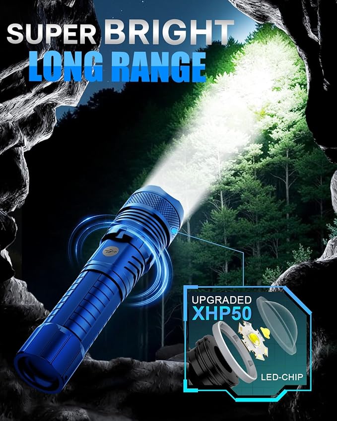 Victoper Blue LED Flashlights, High Powered High Lumens Super Bright Tactical Flashlight, Rechargeable, 5 Modes Zoomable Waterproof Flash Lights for Emergency, Outdoor, Home, Camping, Hiking