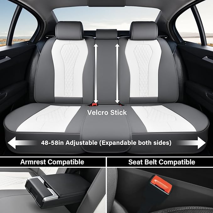 Coverado Rear Seat Covers, White Car Seat Cover, Back Seat Cover, 3-Pieces Luxury Car Seat Cushion, Leather Seat Cover Seat Protector Universal Fit Most Cars