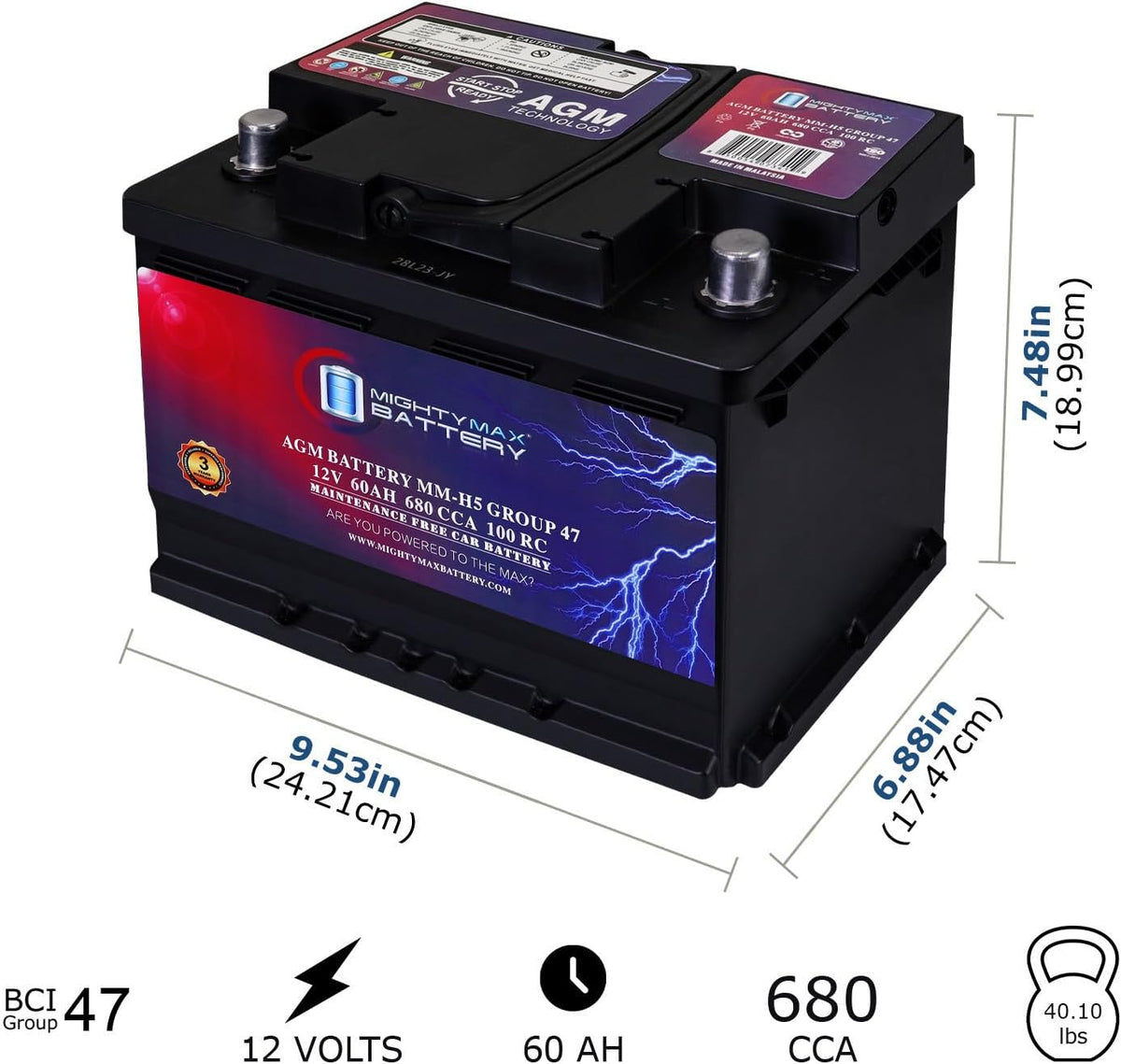 Mighty Max Battery MM-H5 Start and Stop Car BCI Group Size 47 12V 60 AH, 100RC, 680 CCA Rechargeable AGM Car Battery