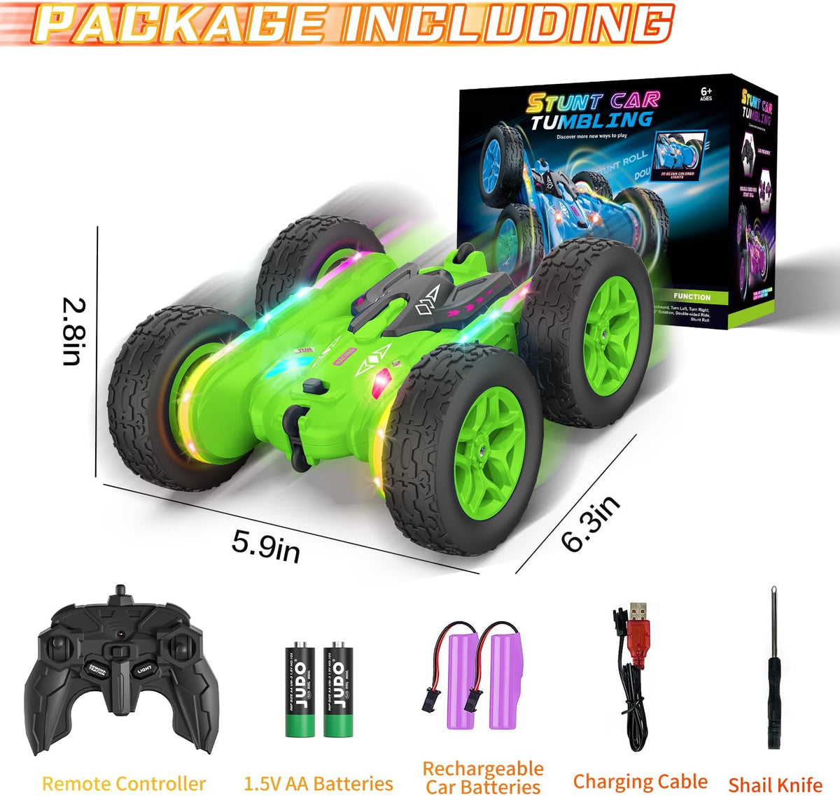 Remote Control Car, Rc Cars Stunt RC Car Toys Upgraded Strip Lights and Headlights Kids Toys Double-Sided 360° Rotating 4WD Drift Truck for Boys Girls Birthday Gift (Green)