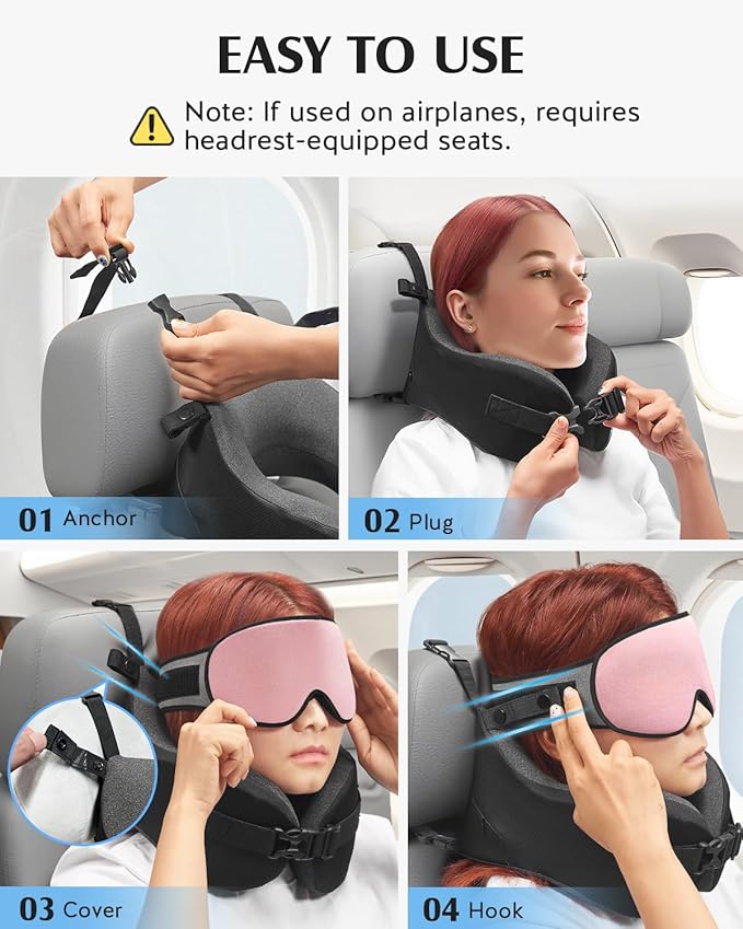 YFONG Travel Pillow for Long Flight Airplanes, Head Strap Combo with 3D Contoured Eye Mask for Sleep, Neck Pillow for Car Trip Essential, 360° Support Memory Foam Headrest, Prevent Head Bobbing, Pink