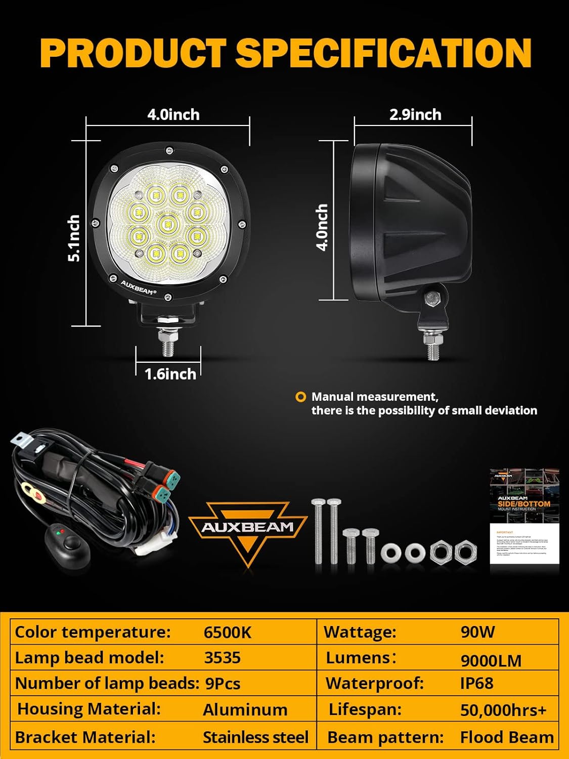 Auxbeam 4 Inch Round LED Light Pods, 90W Offroad Flood White Light Bar, Super Bright 9000LM Driving Work Light with DT Plug Wiring Harness Kit for Truck Boat Pickup ATV UTV SUV-2PCS