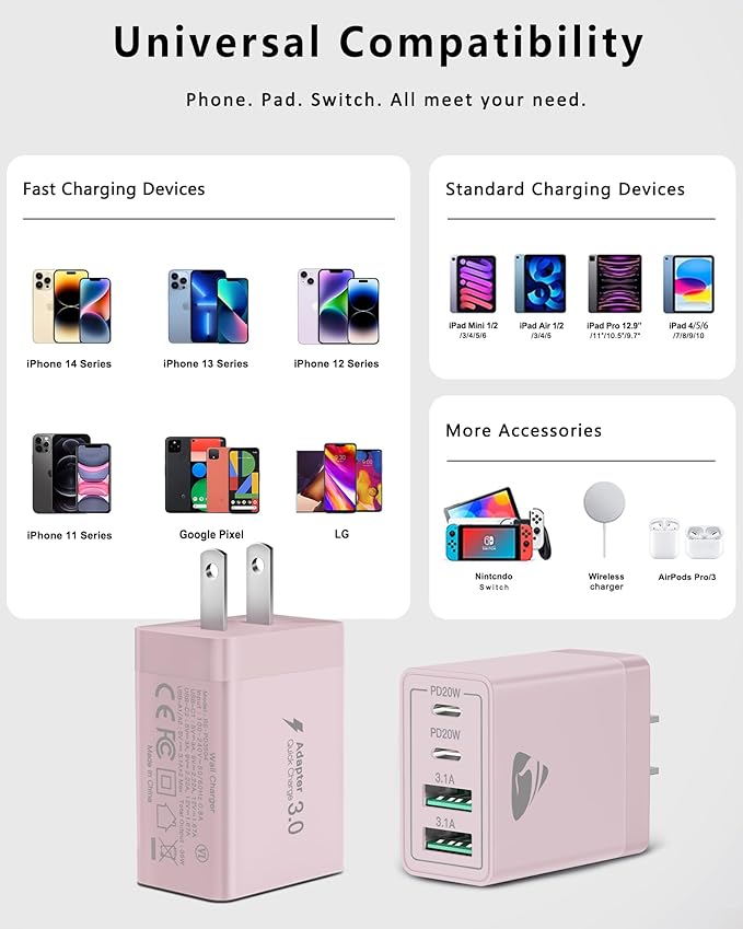 40W USB C Charger Cube, 2-Pack Fast Charging Block, 4-Port QC Wall Plug +PD 3.0 Power Adapter Multiport Brick Type C Charger Block for iPhone 15/15 Pro/15Plus/14/14 Pro/13/12/11,iPad, Airpods,Samsung