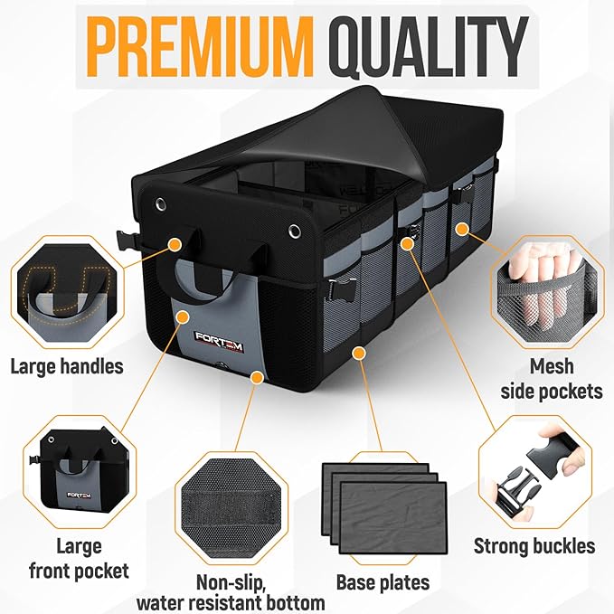 FORTEM Trunk Organizer with Cooler For SUV Car Organizer and Storage, Collapsible Multi-Compartment, Perfect Christmas Gifts For Men, Women, 1680D Oxford, Non Slip Bottom, Straps, Soft Cover 110L