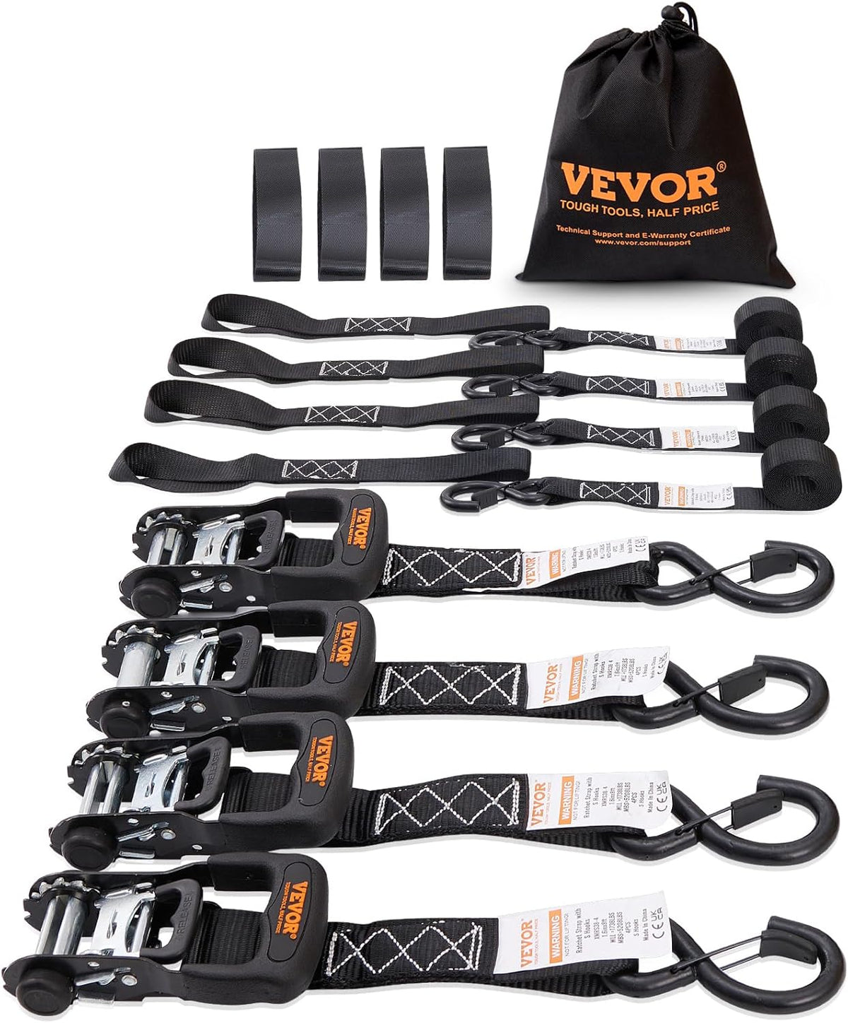 VEVOR Ratchet Tie Down Straps (4PK), 5208lbs Break Strength, 1.6" x 8' Heavy Duty Ratchet Tie Down Strap Set with Padded Handles, Coated S Hook, Soft Loop for Moving Appliances Motorcycle ATV Truck