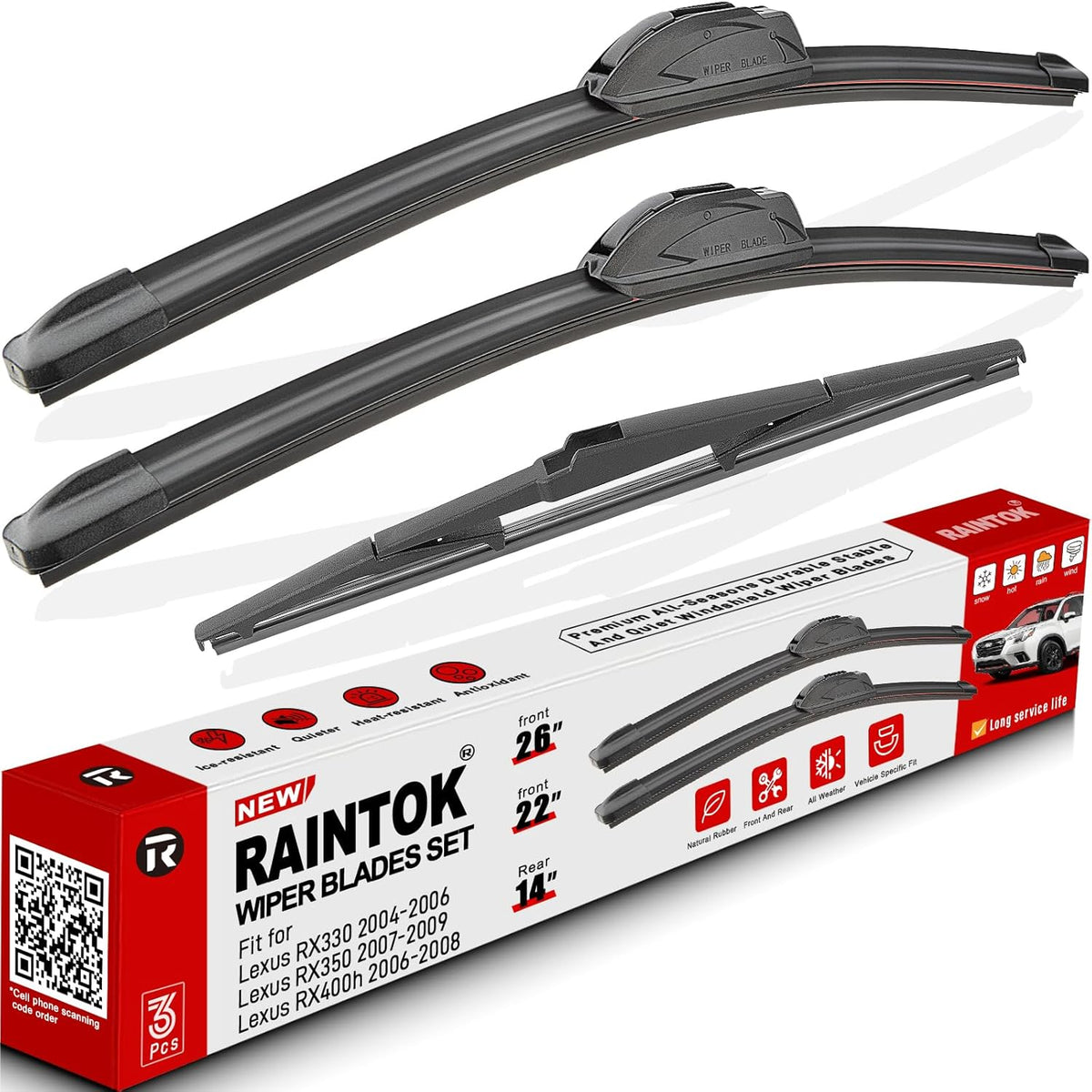 Windshield Wiper Blades Replacement for Lexus RX330 2004-2006, RX350 2007-2009, RX400h 2006-2008 - Front Rear Wipers Blade Set 26" 22" 14" (Pack of 3)