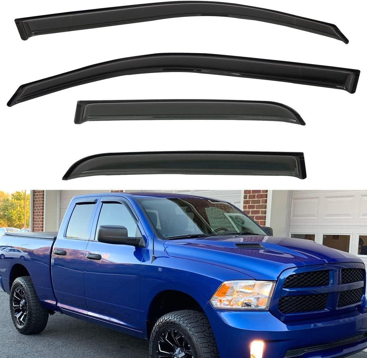 4pcs Front+Rear Smoke Tint Sun/Rain Guard Outside Mount Tape-On Vent Window Visors Compatible with 19-24 Ram 1500 New Body Quad Cab with Small Size Rear Doors
