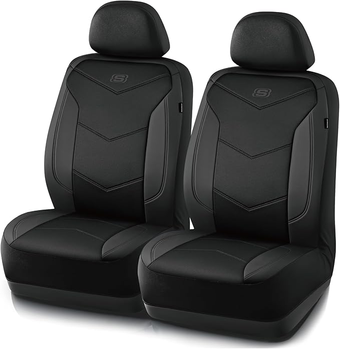 Skechers Memory Foam Seat Covers,Leather Car Seat Covers, Ultimate Comfort & Support Front Seat Covers Airbag Compatible, Automotive Universal Fit Most for SUVs, Vans, Sedans, Cars, Trucks,Black