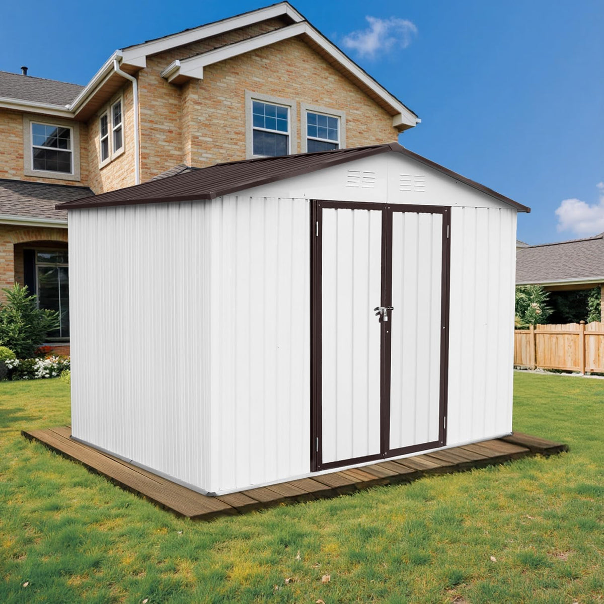 8 x 6 FT Outdoor Storage Shed, Metal Garden Tool Shed with Slooping Roof, Lockable Doors, All-Weather Bike Shed Easy to Assemble for Backyard, Patio, Lawn, White
