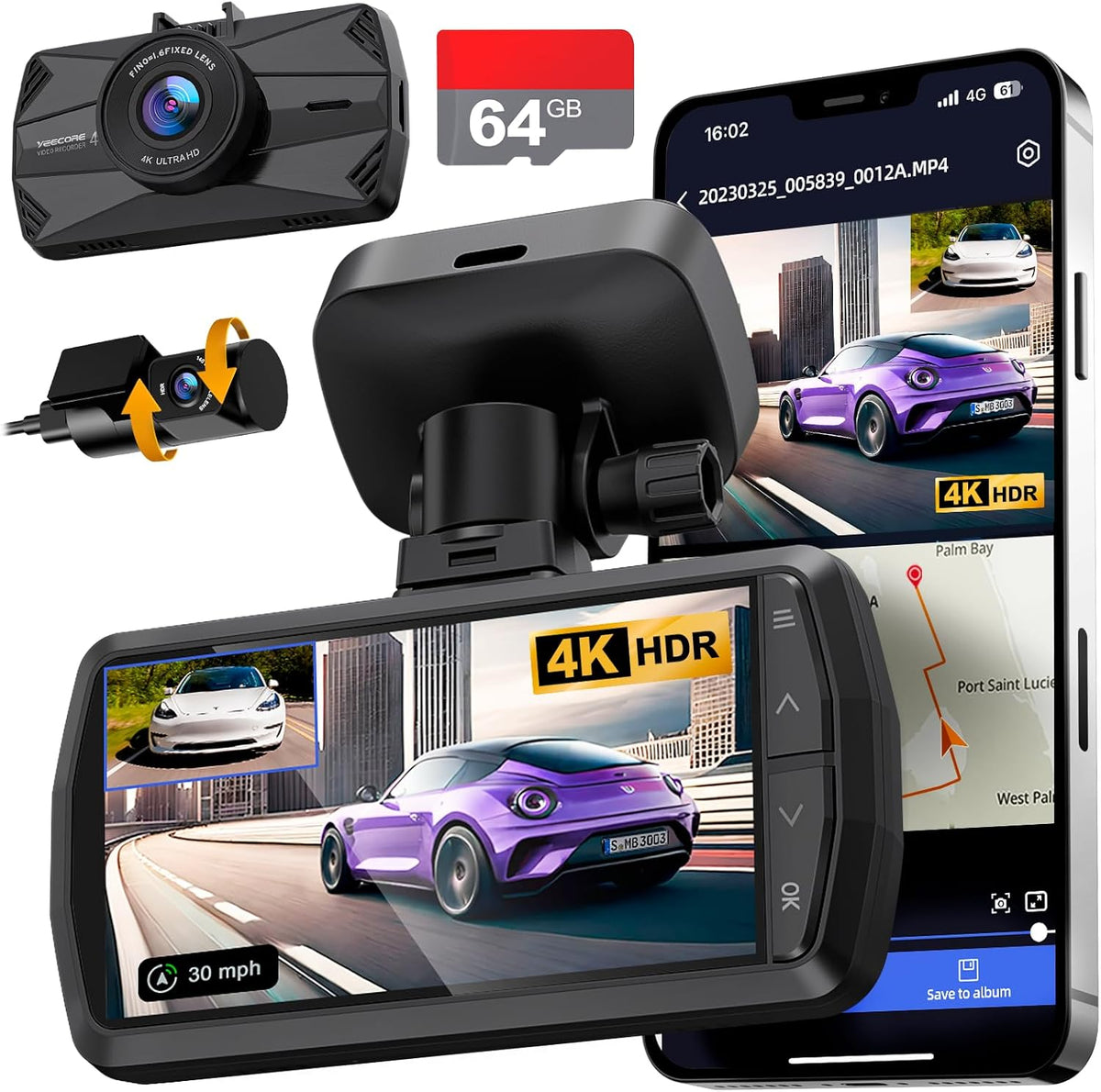 4K Dash Cam Front and Rear, Built-in WiFi GPS, 3.3"IPS Screen, HDR Night Vision Car Dash Camera, for App Control, G-Sensor, Loop Recording, Accident Record, Parking Monitor, Support 512GB Max