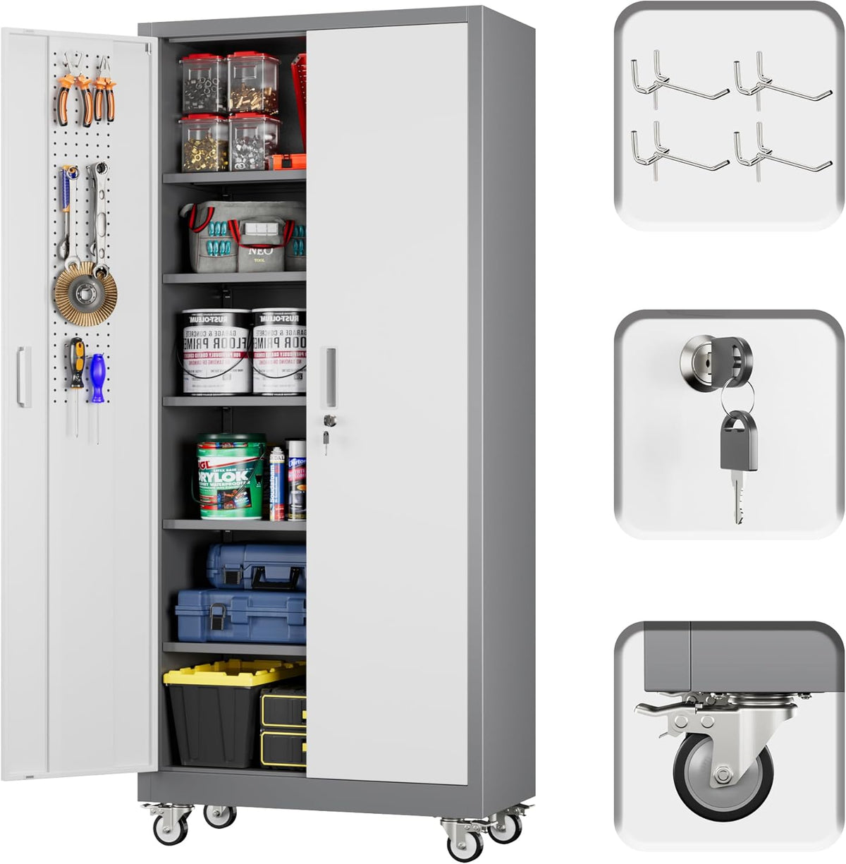 71" H×32" W×16" D Garage Storage Cabinet with Wheels & Pegboard, Locking Metal Storage Cabinet with Doors and 5 Adjustable Shelves & & 4 Hooks for Garage Warehouse Home Office, White and Gray
