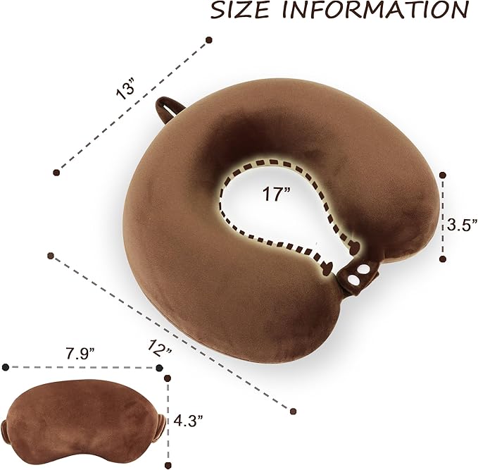 Sexysamba Pure Memory Foam Travel Pillow Set for Adults - Comfortable & Removable Machine Washable Cover, Neck Support Pillow Airplane Travel Kit with Eye Mask for Portable Plane Accessories - Brown