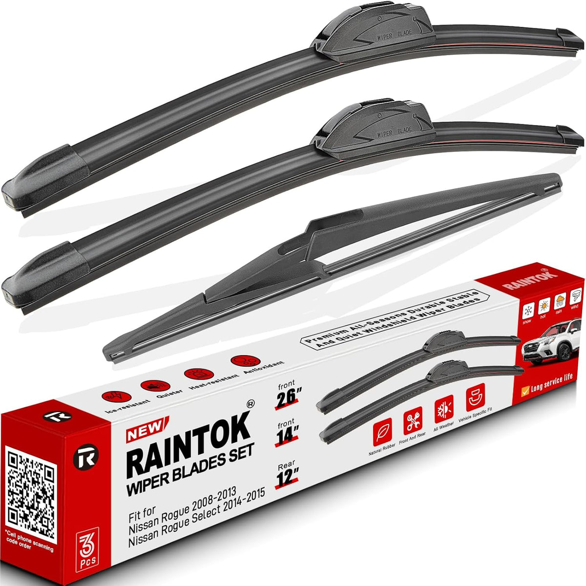 Windshield Wiper Blades Replacement for Nissan Rogue 2008 2009 2010 2011 2012 2013 / Nissan Rogue Select 2014 2015 Original Factory Quality Front Rear Wipers Blade Set - 26" 14" 12"