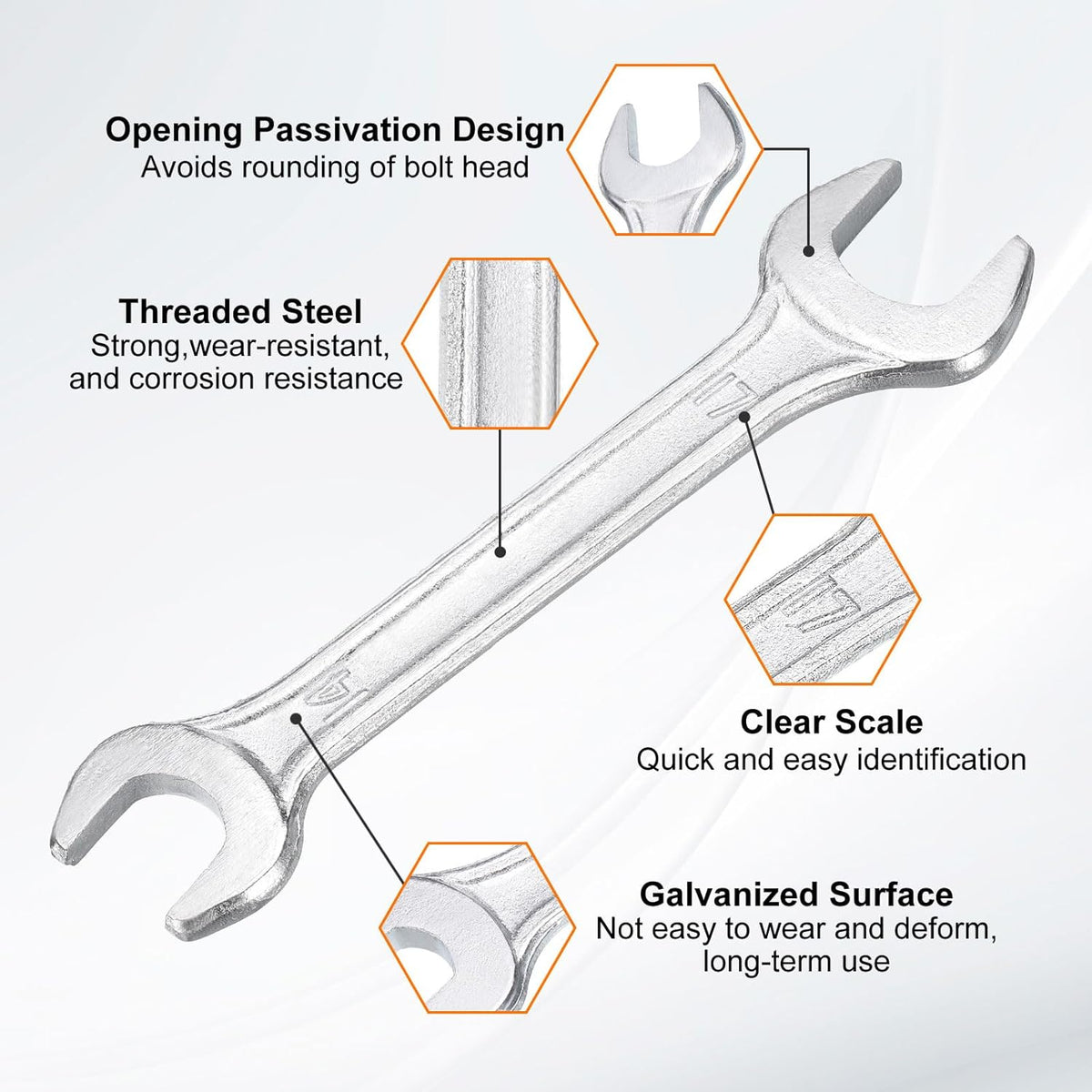HARFINGTON Double Open End Wrench 14mm x 17mm Metric 15 Degree Offset Angle Small Flat Head Wrench Galvanizing Open Ended Spanner for Automotive Repair Furniture Assembly