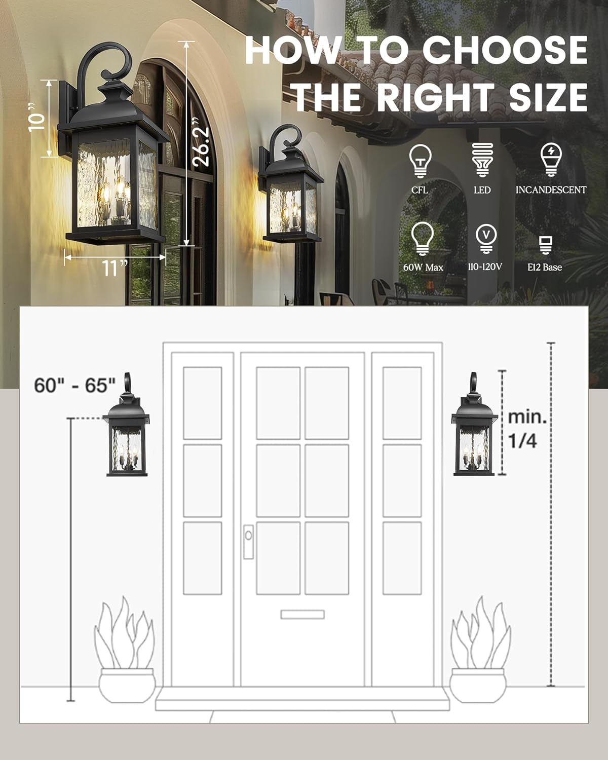 FEMILA 26" Outdoor Wall Light, Large Exterior Wall Lantern with Water Ripple Glass, 3-Light Outdoor Wall Light Fixtures for Entryway, Patio, Garage, and Doorway, E12 Base, 4FD54B-L BK
