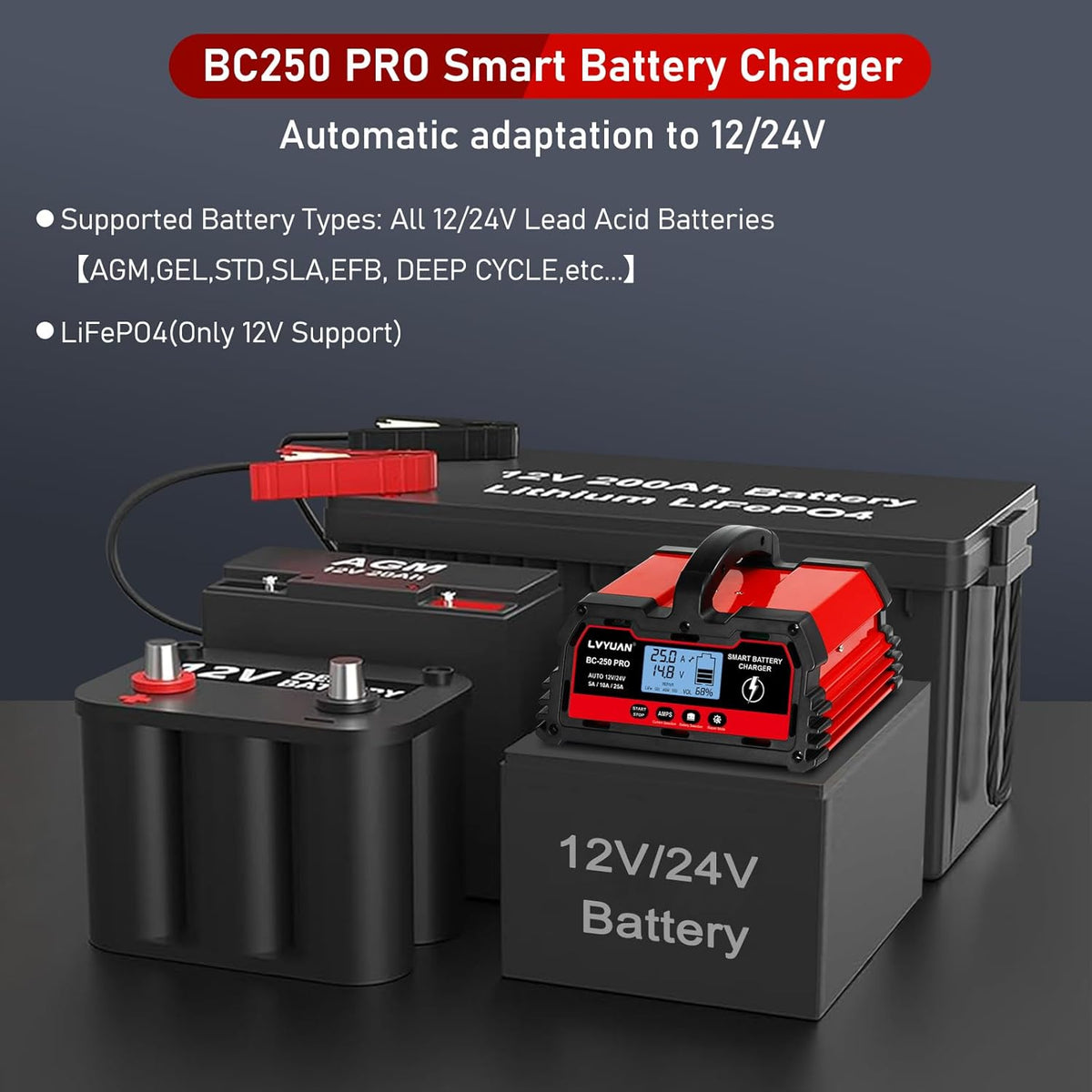 LVYUAN 25Amp Smart Car Battery Charger, 12V/24V Automotive Charger, Lead-Acid Battery, LiFePO4 Battery Maintainer with LCD Display, Trickle Charger, for Lawn Mower, Motorcycle, AGM, STD, Gel, EFB,etc