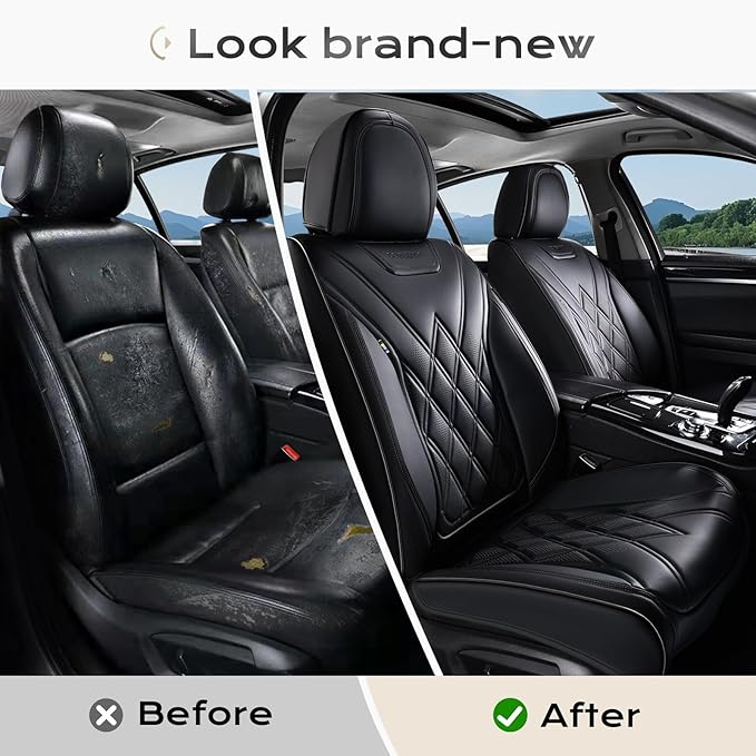 Coverado Car Seat Covers, Front Covers for Cars, Car Seat Cover Front Seats, Automotive Seat Cover, Waterproof, Leather Car Seat Cushion, Universal Interior Seat Protectors for Most Cars Black